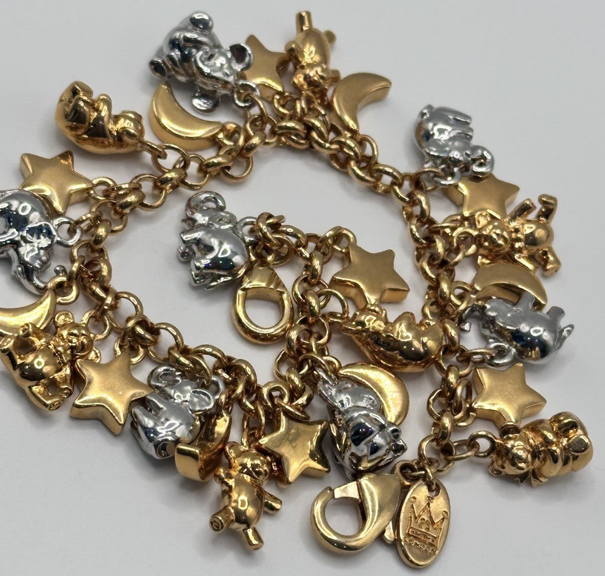 18ct Gold And Rhodium Plated Elephant Moon Stars Bears Charm Bracelet