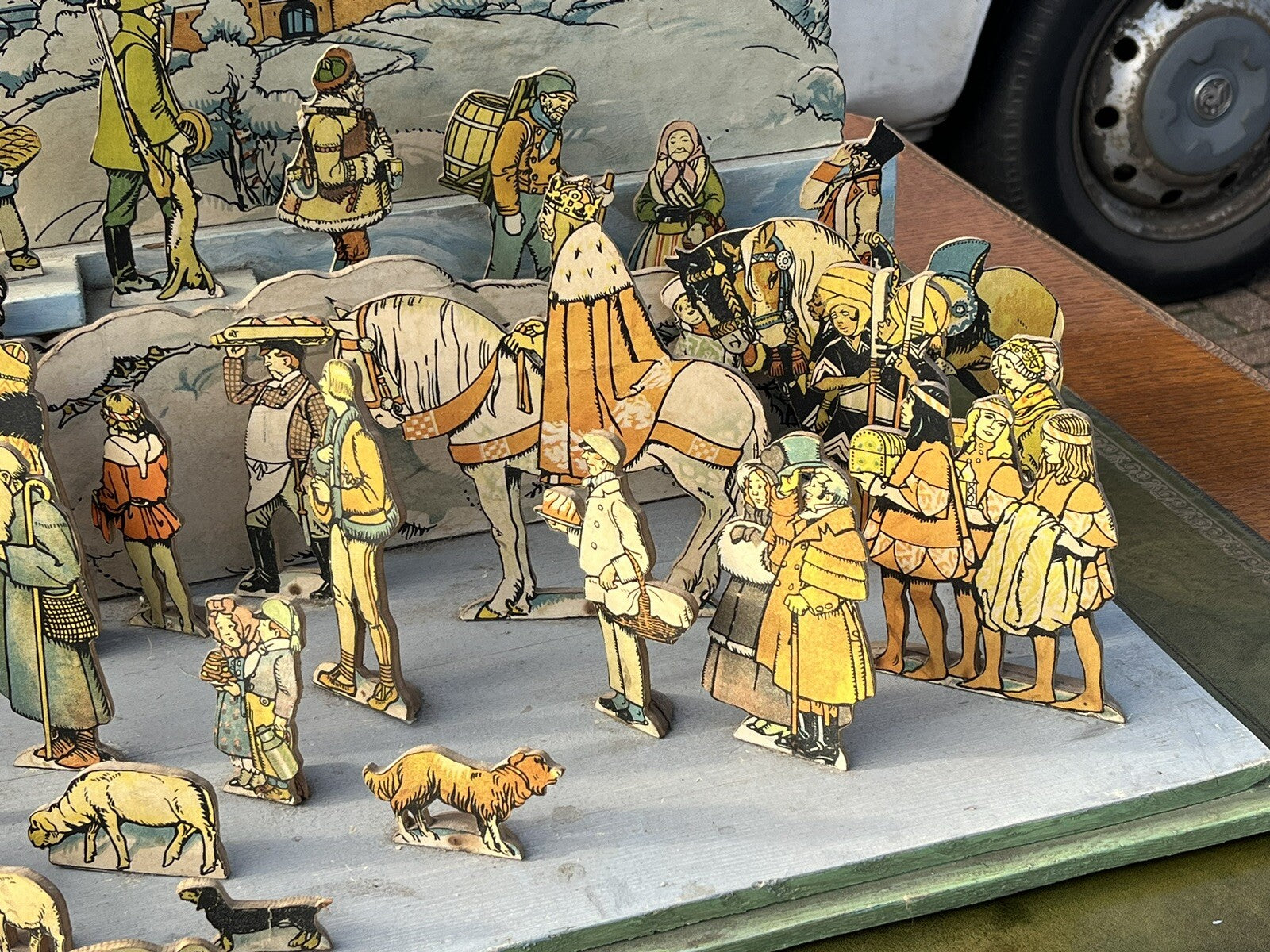 1950's Nativity Set, Wood With Printed Decoration. HUGE IN SIZE.