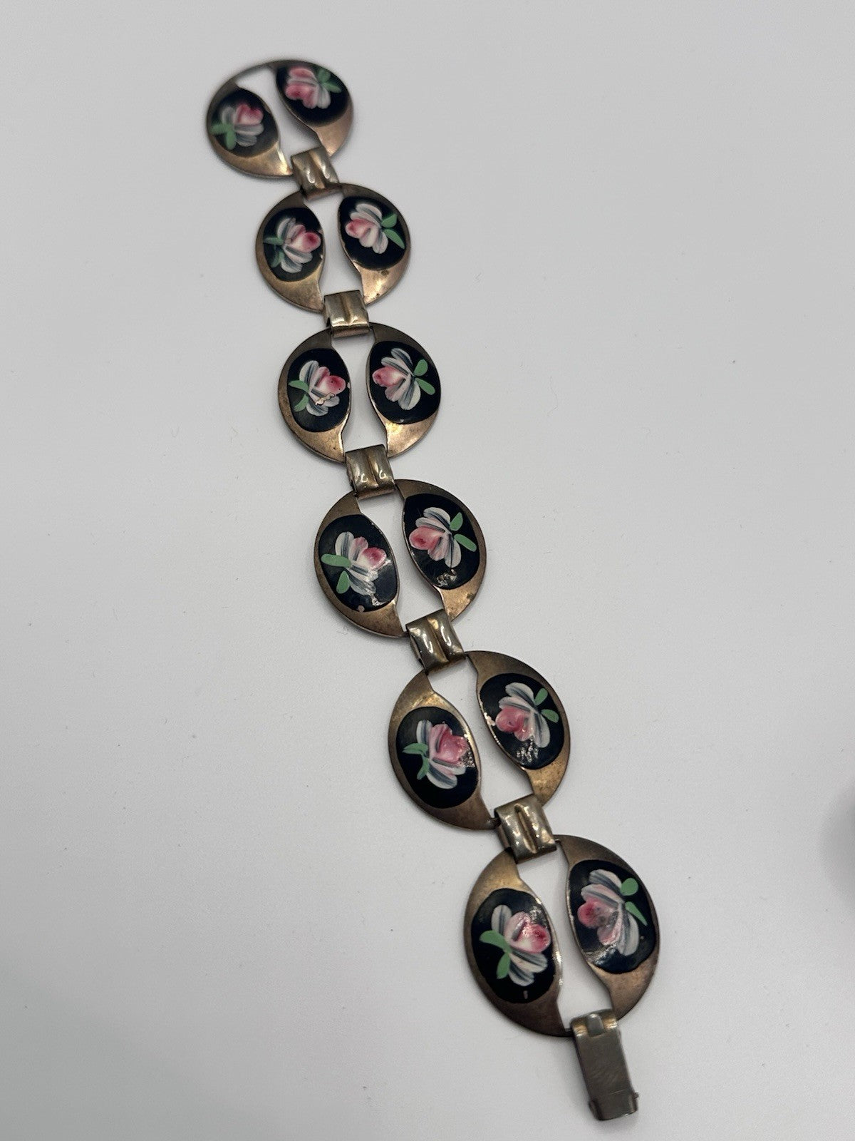 Beautiful Vintage Enamelled Hand Painted Pink Flowers Metal Bracelet