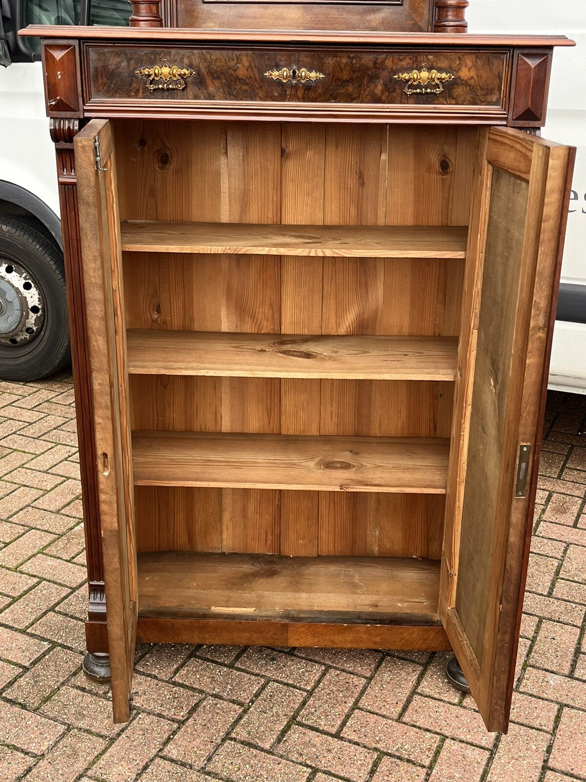 Antique Walnut Bookcase / Cupboard With Fitted Shelves & Drawer