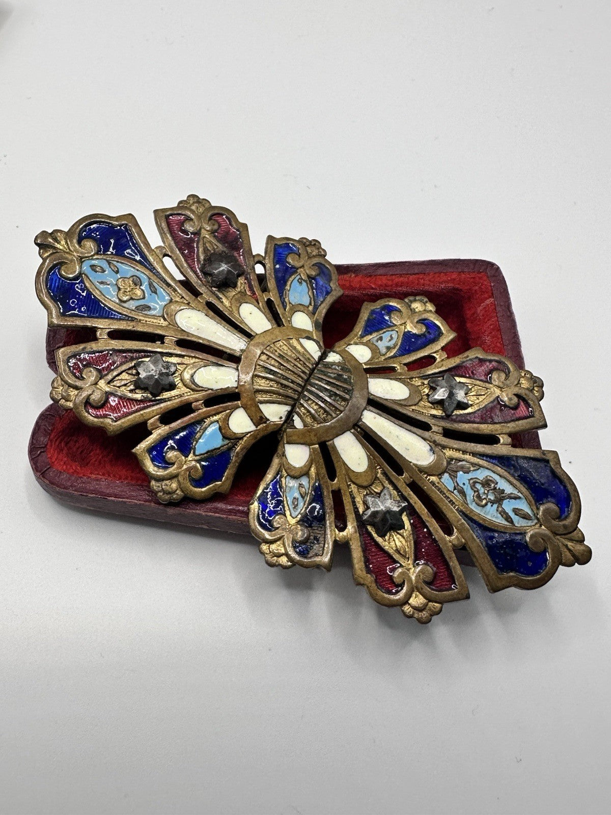 Art Nouveau Enamel Cut Steel Stars Brass Buckle