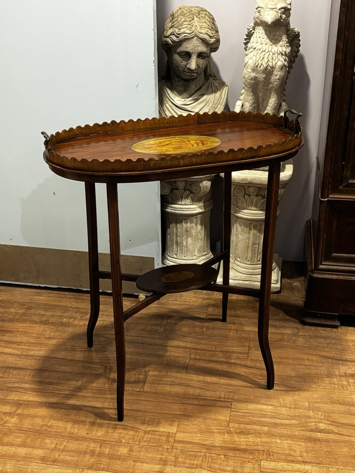 Antique English Wood Tray Top Serving Table with Inlaid Conch Design