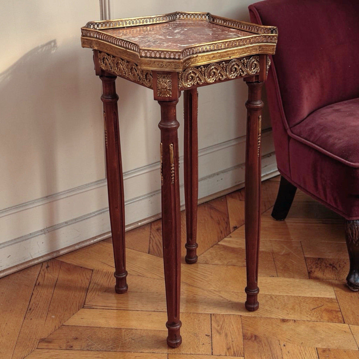 Antique French Marble Top And Decorated With Ormolu Mounts Side Table.