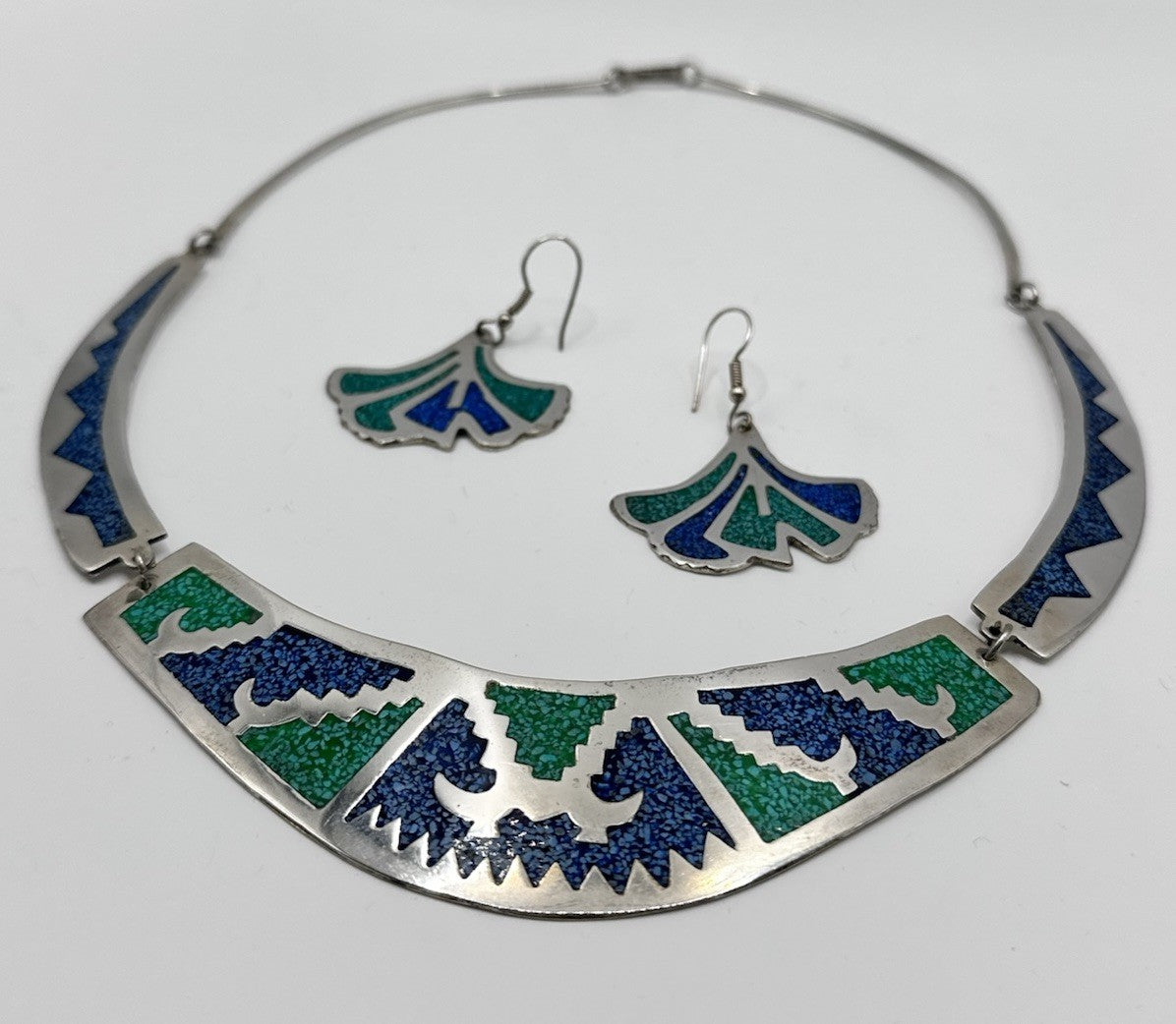 Alpaca Mexico Crushed Turquoise Blue Stone Collar Necklace And Earring Set