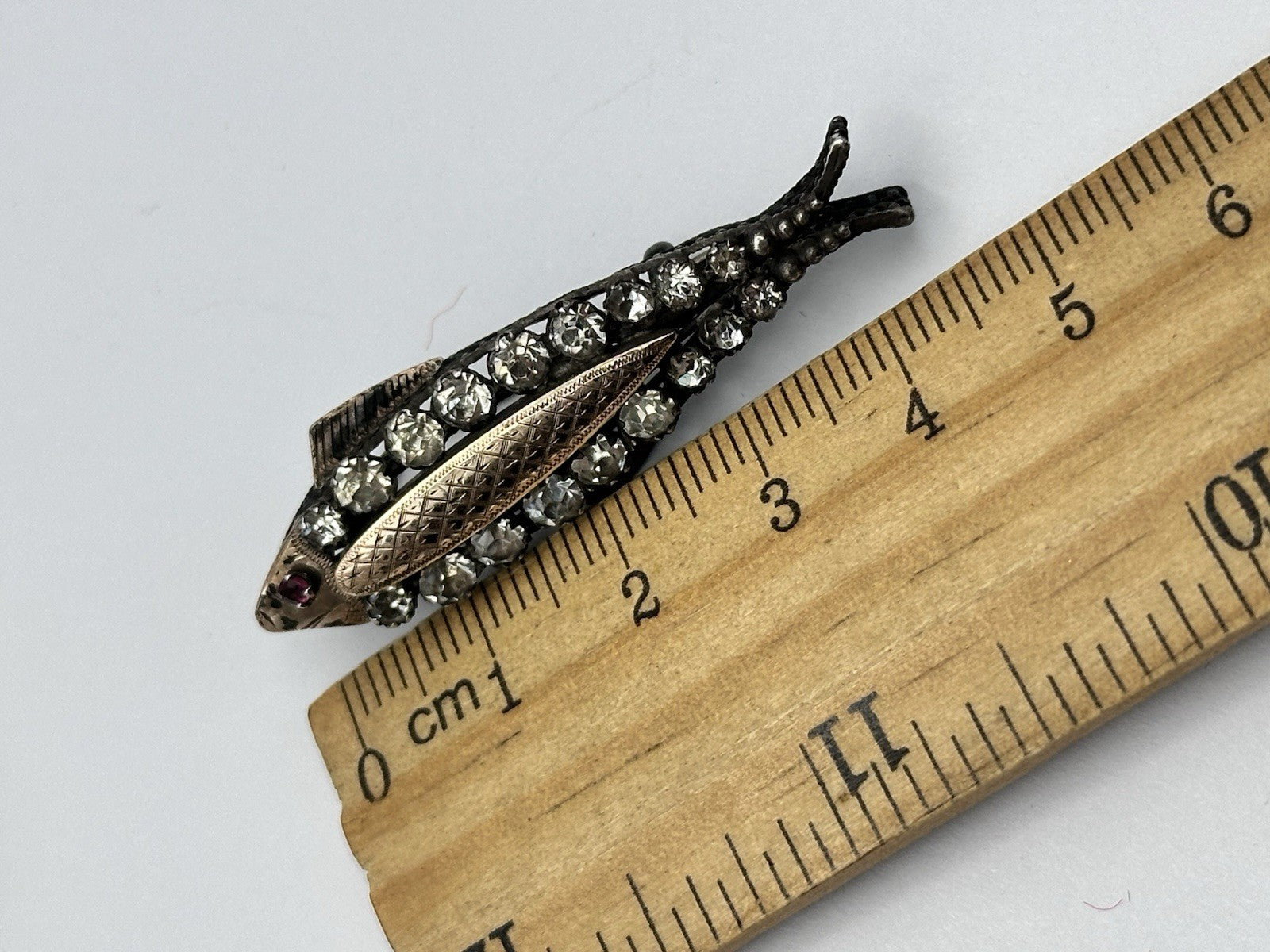 Antique 9ct Gold Silver Paste Fish Brooch With Ruby Eye