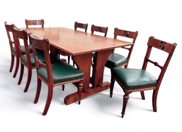 Arts & Crafts Light Oak Dining Table & 8 Chairs. Superb Quality.