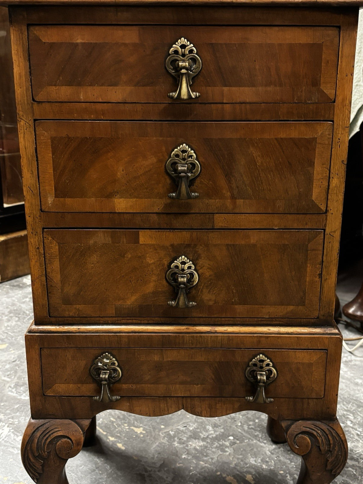 Art Deco Walnut Small Chest Of Drawers, Brass Handles.