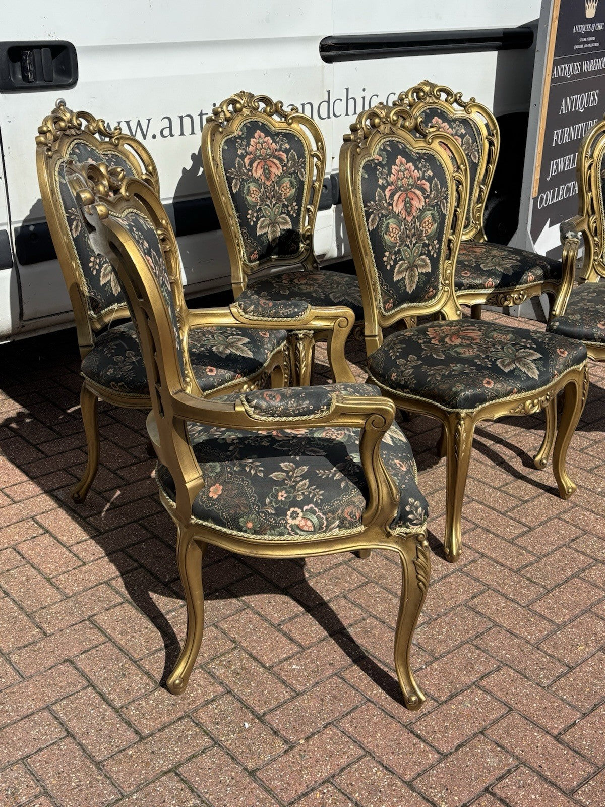 6 French Louis Style Gold Gilt Wooden And Upholstered Armchairs.