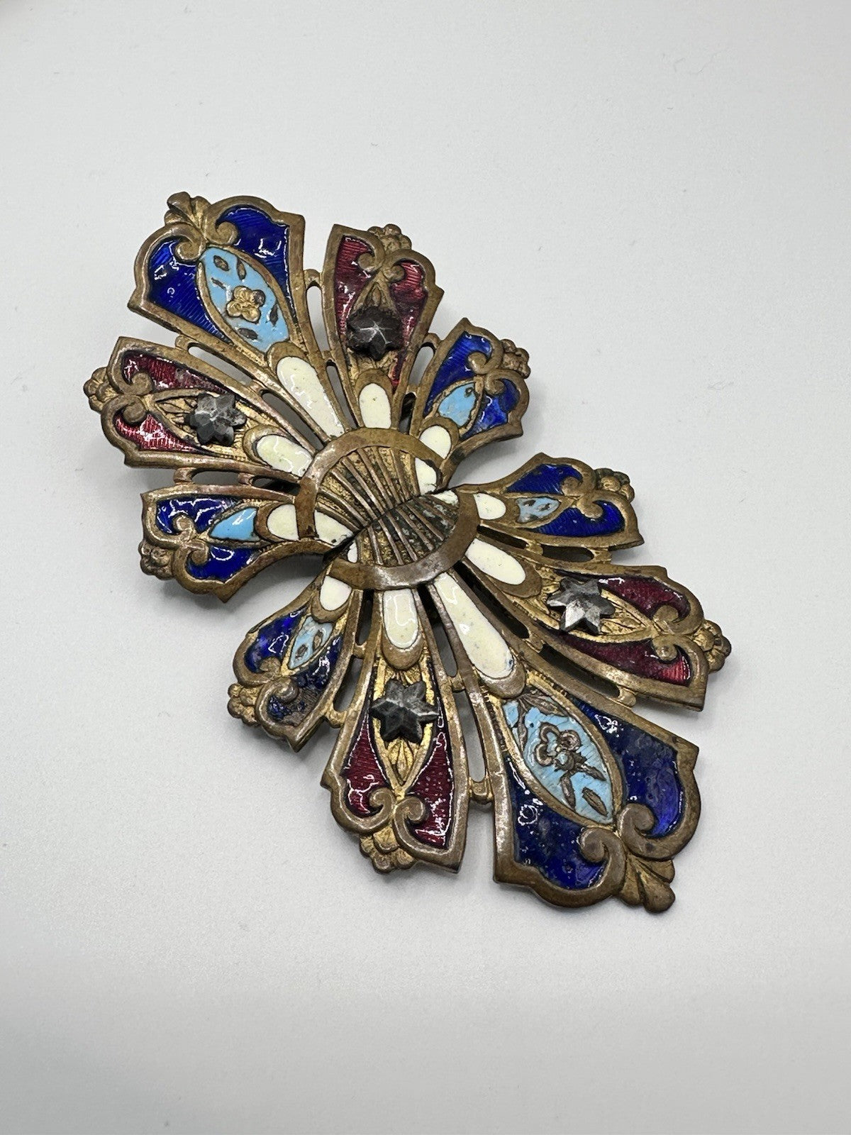 Art Nouveau Enamel Cut Steel Stars Brass Buckle