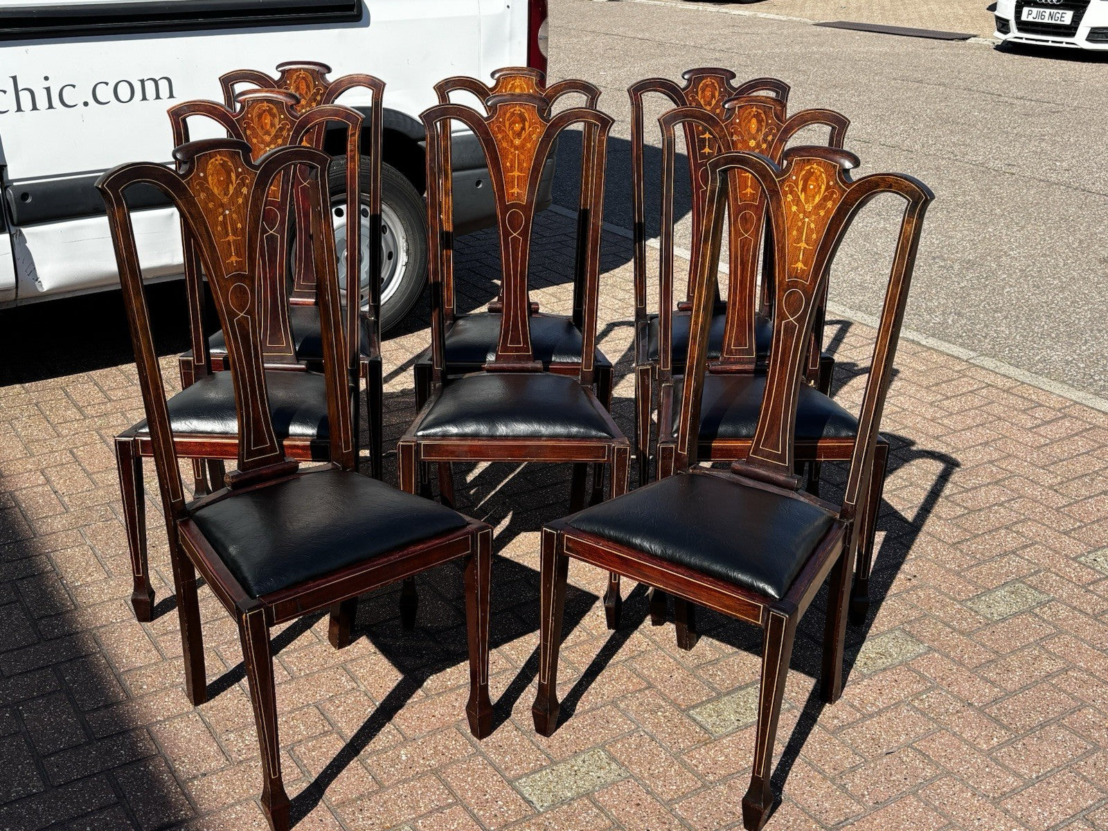 8 Art Noveau Marquetry Inlaid Mahogany Dining Chairs, New Upholstery.