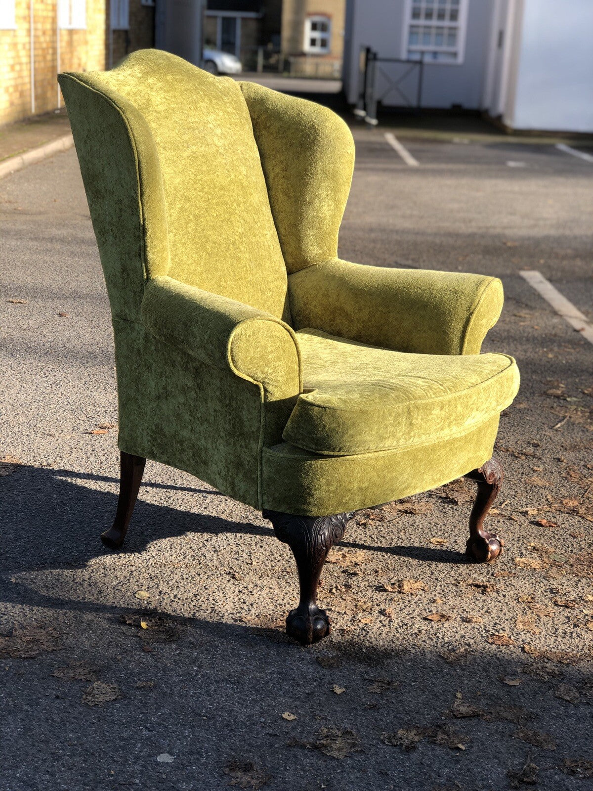 Antique Library Armchair, Fine Carved Mahogany Legs.