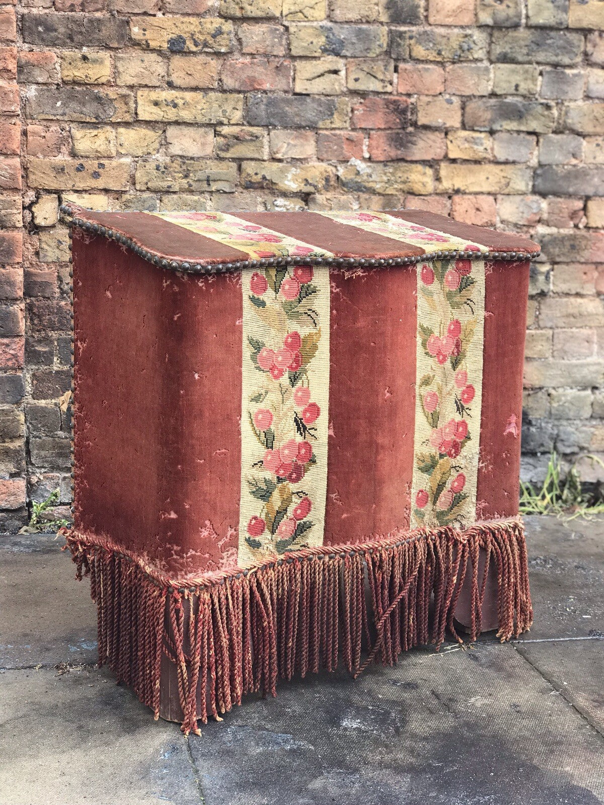 Antique Fireside Log Storage With Original Upholstered Decoration