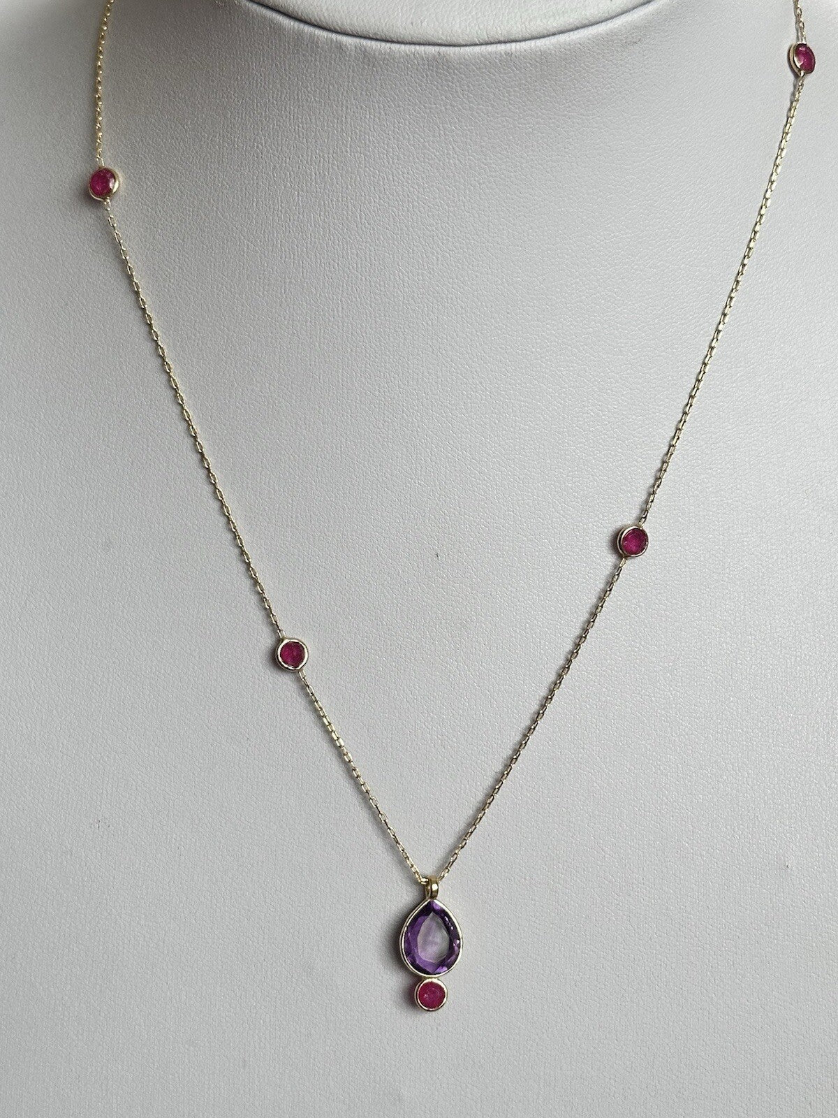 18k Gold Vermeil Plated On 925 Silver Amethyst Teardrop And Ruby Necklace