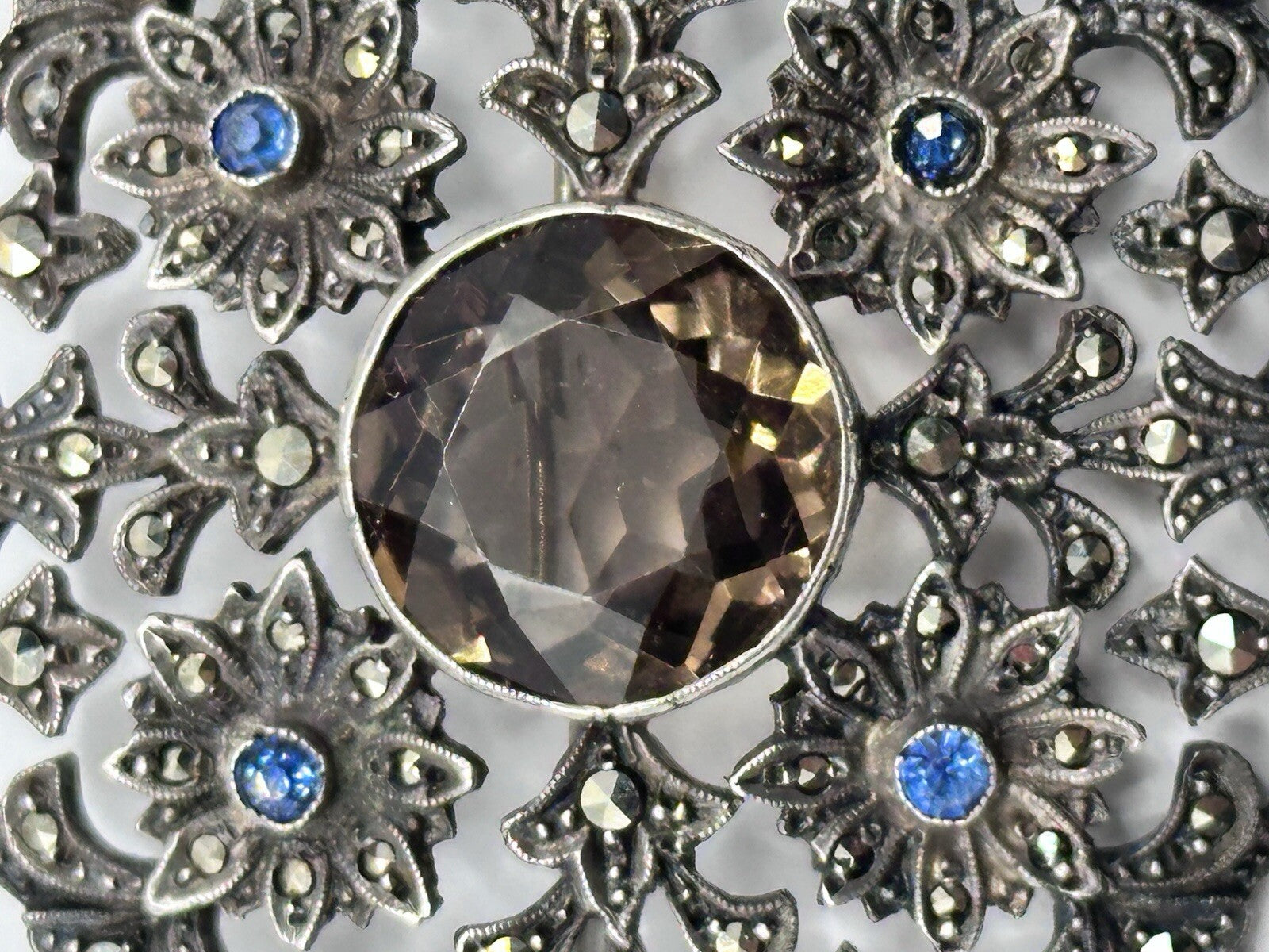 Antique Edwardian  Silver 925 Marcasite Glass Stone Brooch