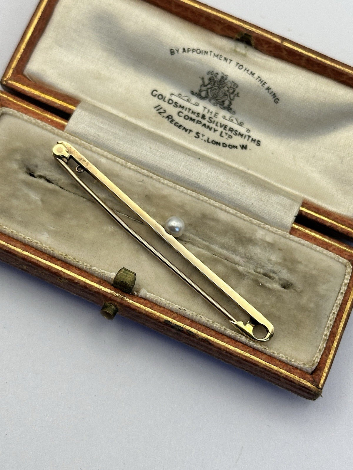Antique Victorian Edwardian 18ct Gold Platinum Pearl Bar Brooch Original Box