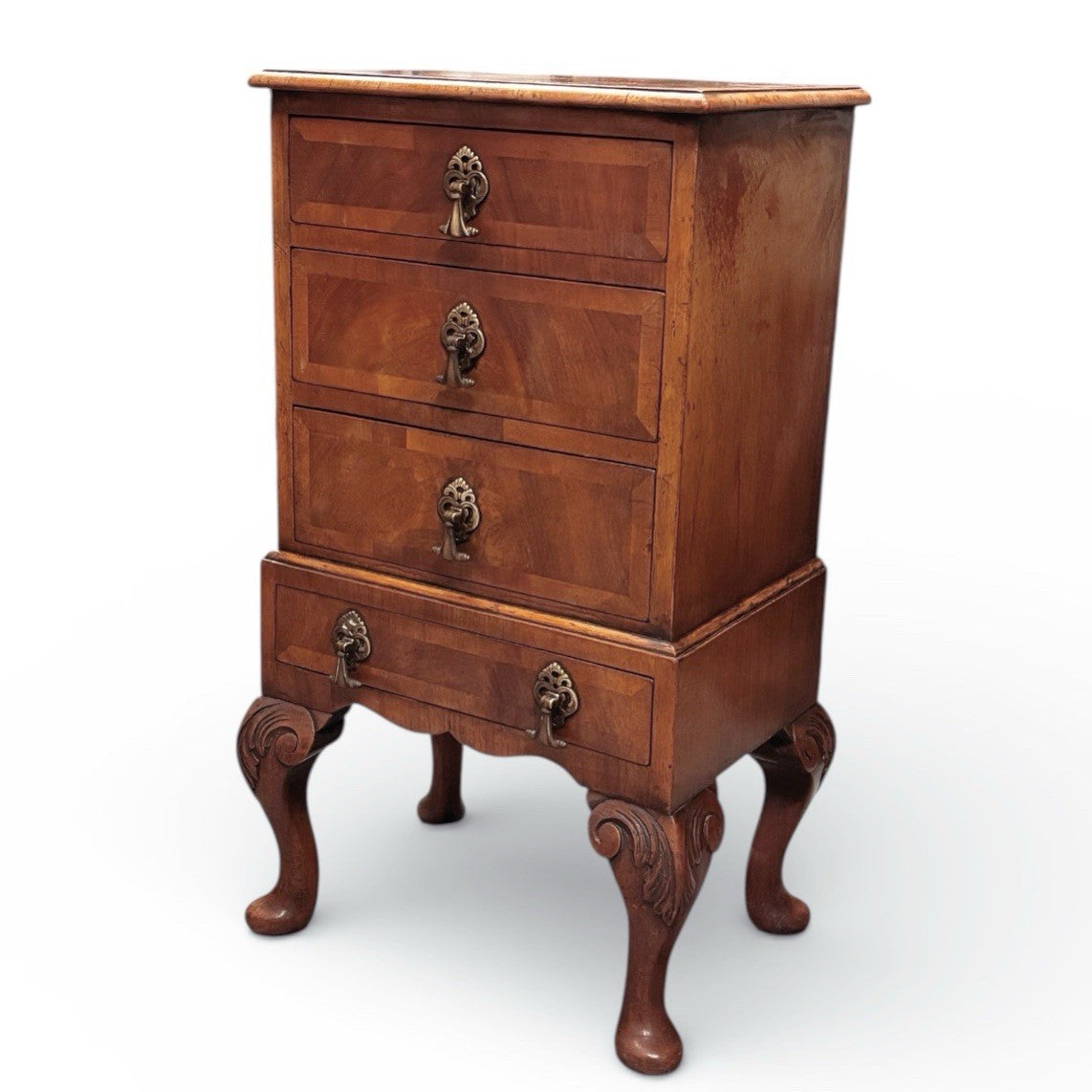 Art Deco Walnut Small Chest Of Drawers, Brass Handles.
