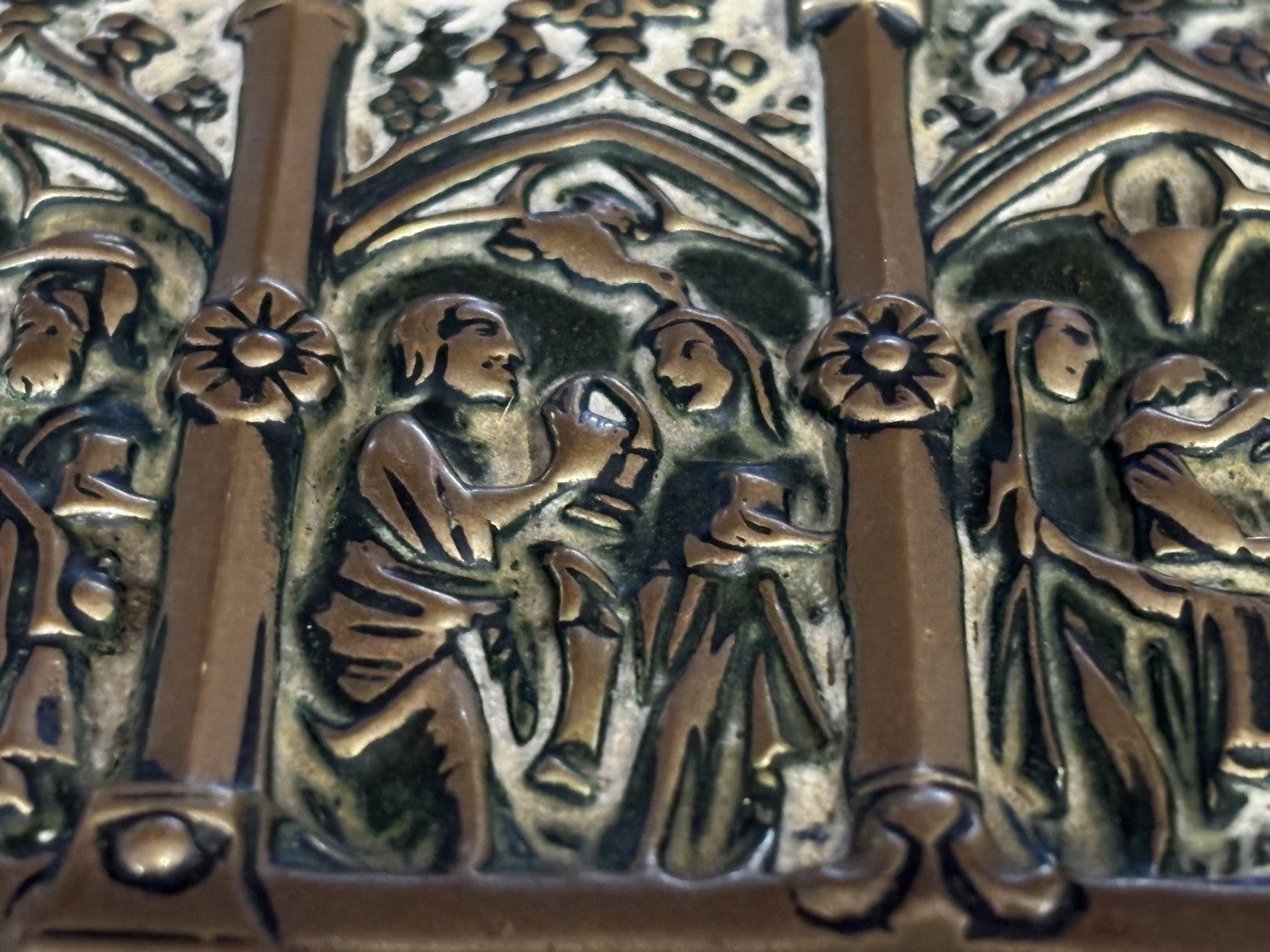 Antique Gothic Revival Gilt Brass Jewellery / Trinket Box With Religious Scenes.