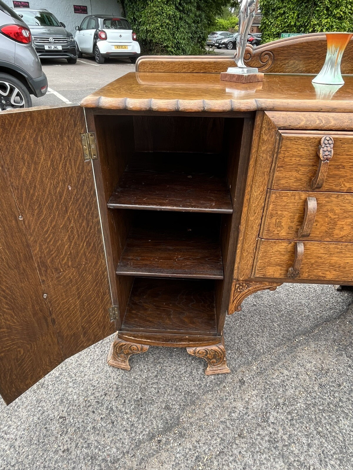 Art Deco Oak Sideboard. Circa 1930's. Carved With Flowers . Lots Of Storage.