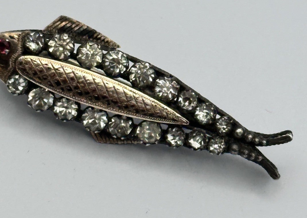Antique 9ct Gold Silver Paste Fish Brooch With Ruby Eye