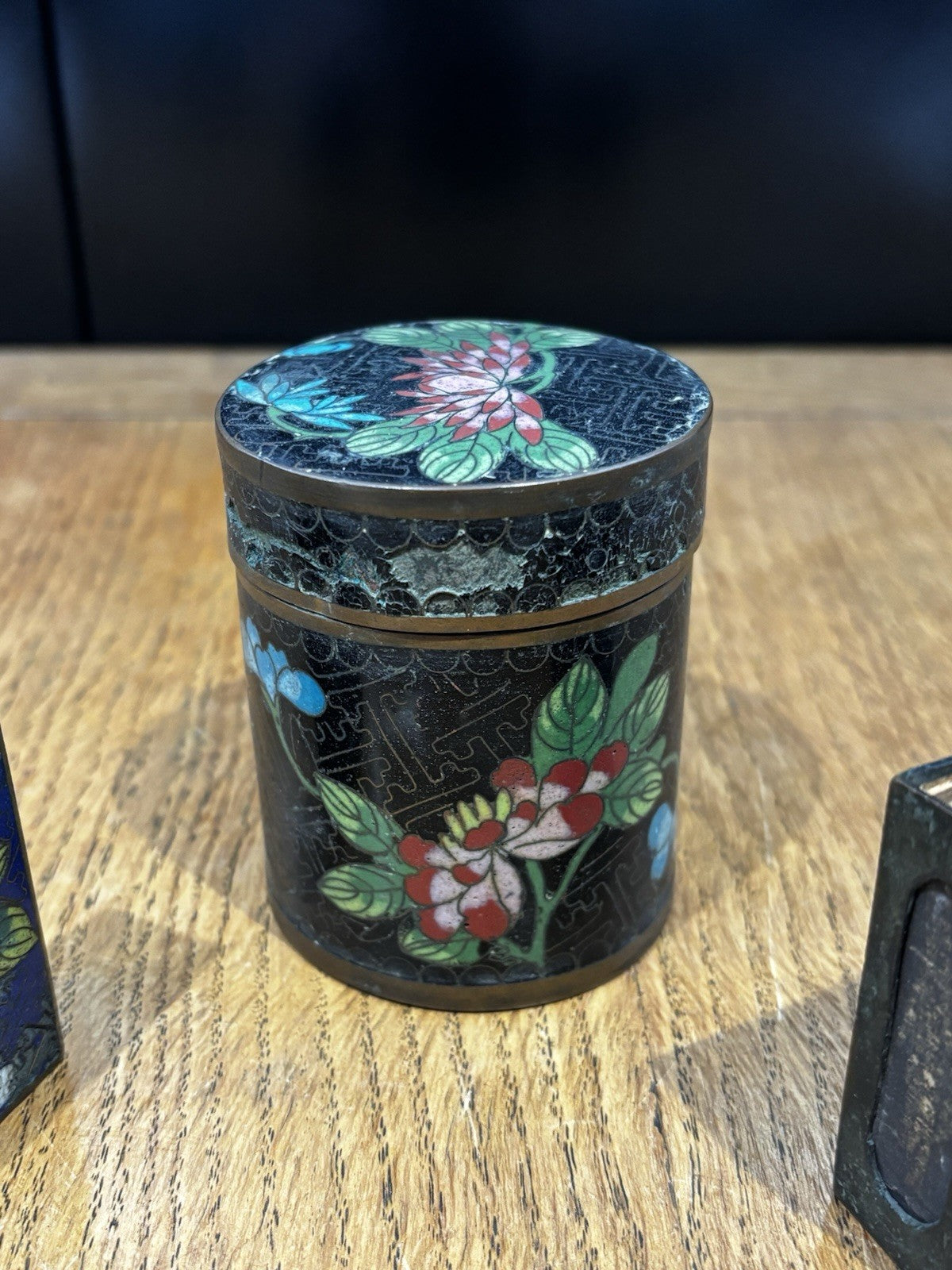 Antique Cloisonné Tobacco Jar And 2 Matchbox Cases
