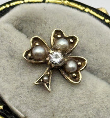 Antique 14ct Gold White Stone Pearl Lucky Shamrock Stick Pin Top