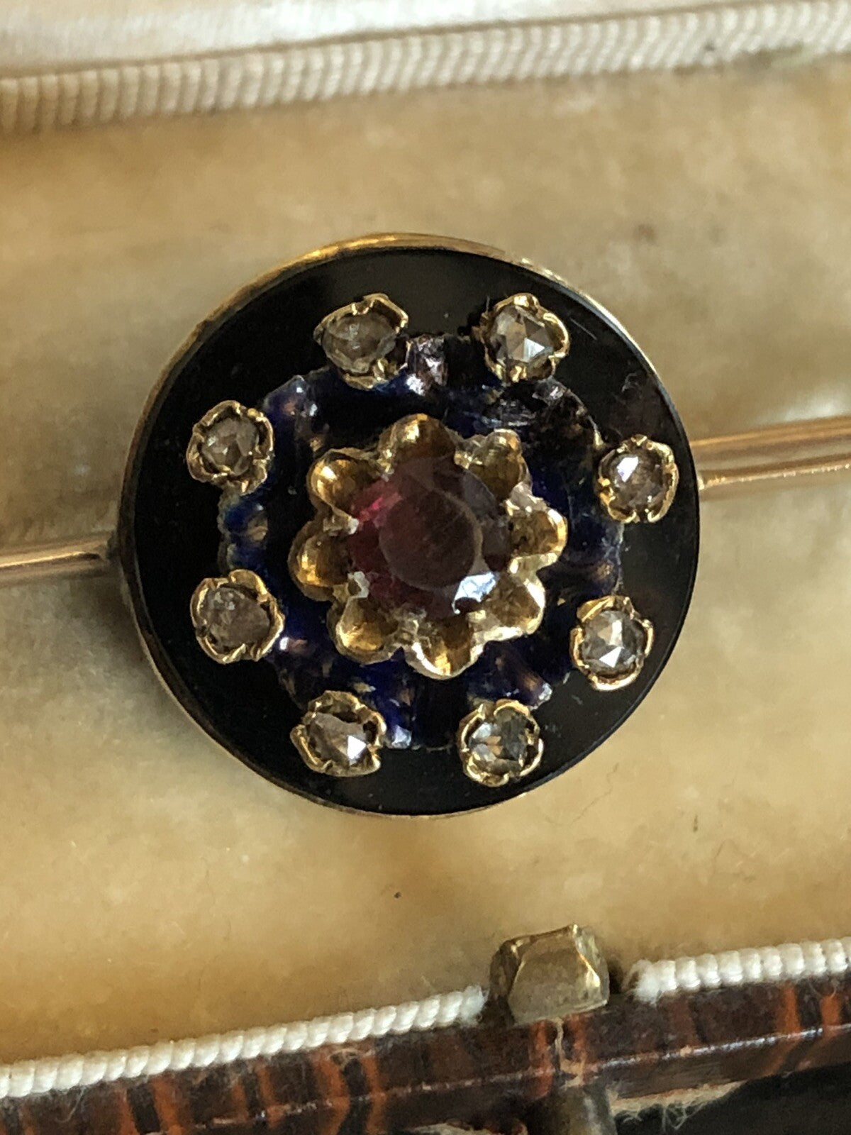 Antique Victorian 14ct Gold Onyx Old Cut Diamond Garnet Enamel Brooch