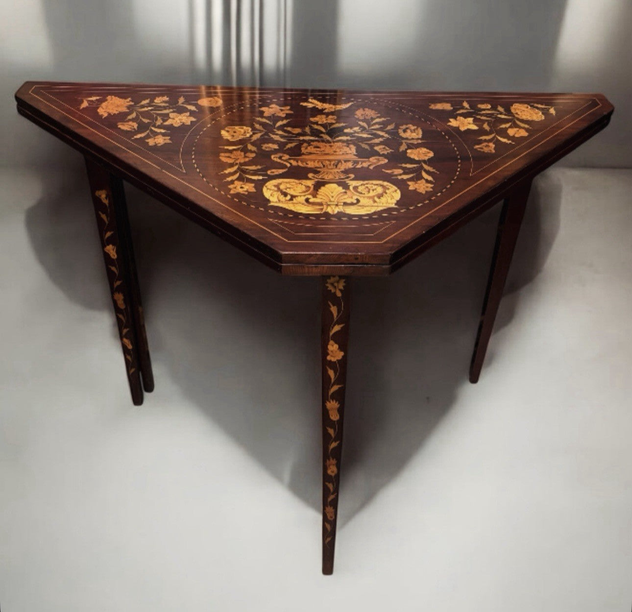 18thC Dutch Marquetry Games Table With Fold Over Lid & Baized Playing Area
