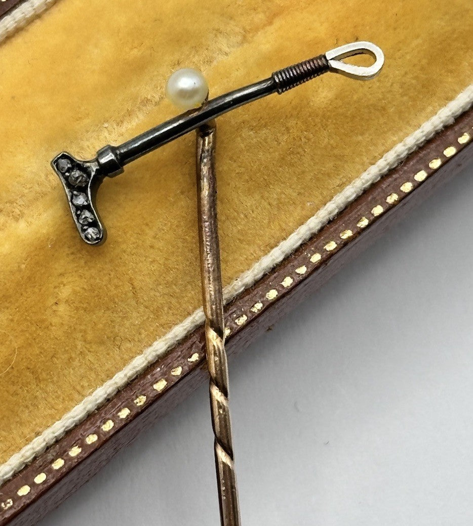 Antique 9ct Gold 15ct Gold Diamond Riding Crop On 9ct Gold Stick Pin