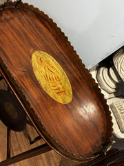 Antique English Wood Tray Top Serving Table with Inlaid Conch Design
