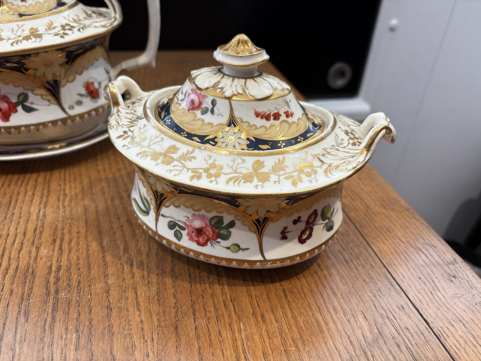 Antique Machin Highly Decorated Gilt Painted Tea Pot & Stand, Sugar & Milk Jug