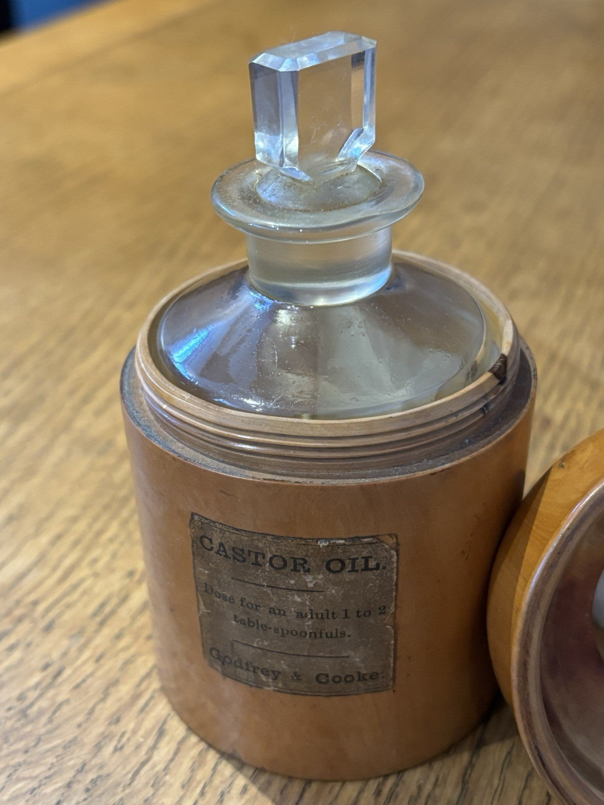 Antique Treen Castor Oil  Bottle Holder With Bottle. All Original