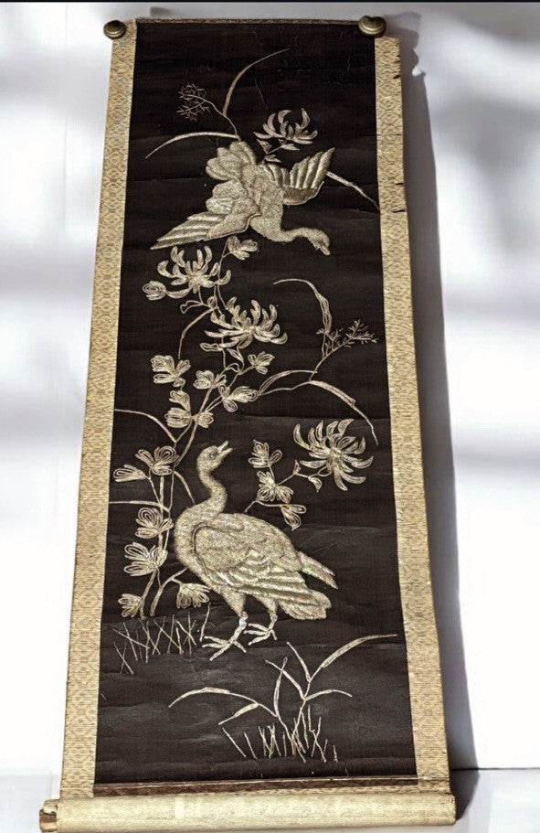 Antique Chinese Silver Thread Embroidery Hanging Panel. Large Size 99 X 35.5 Cms
