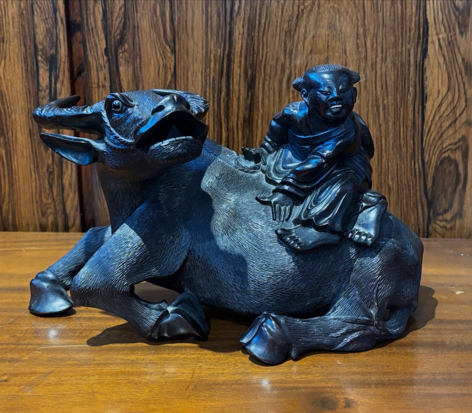 Antique Wooden Carved Figure Sitting On A Water Buffalo, Super Quality