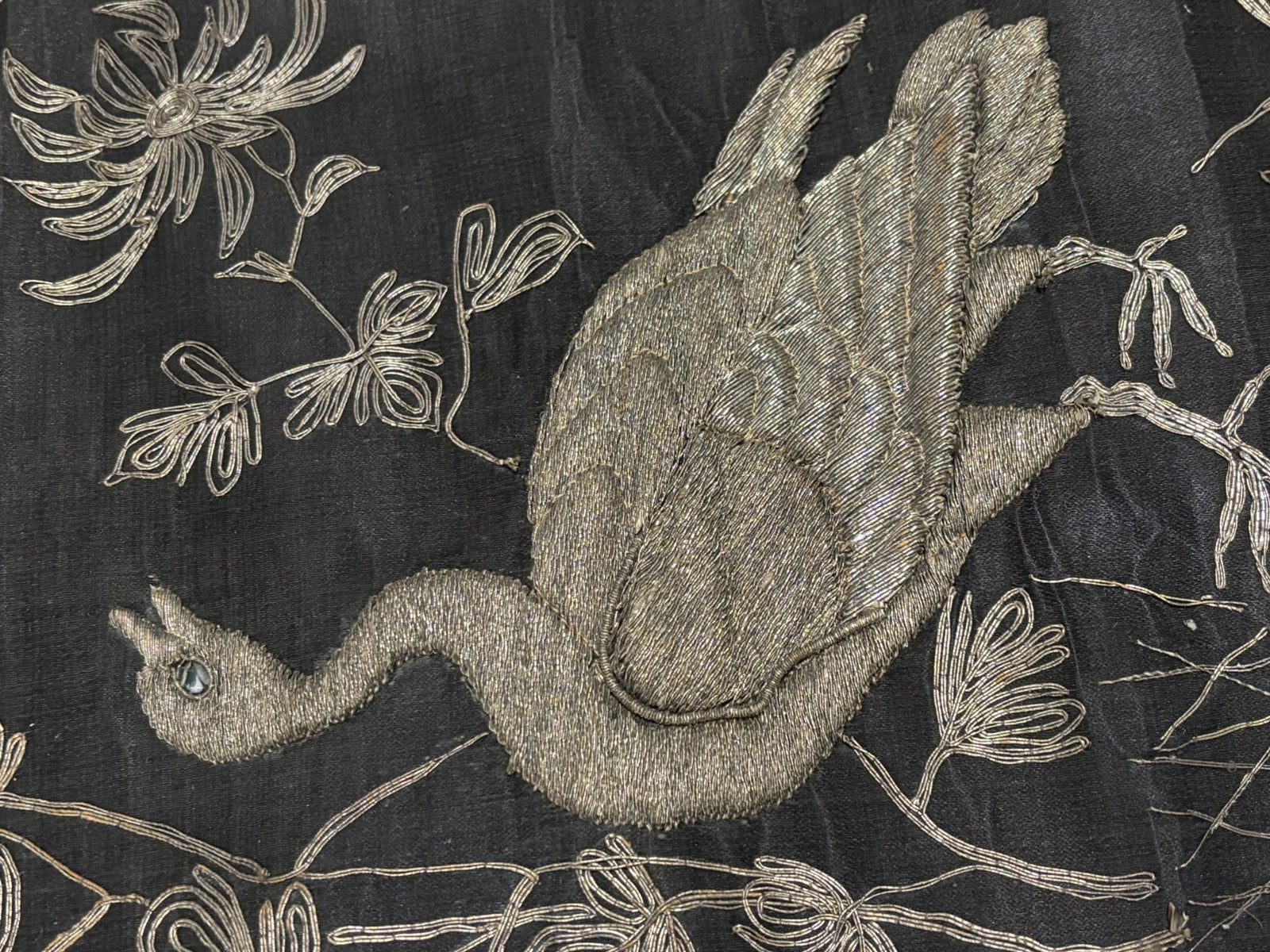 Antique Chinese Silver Thread Embroidery Hanging Panel. Large Size 99 X 35.5 Cms
