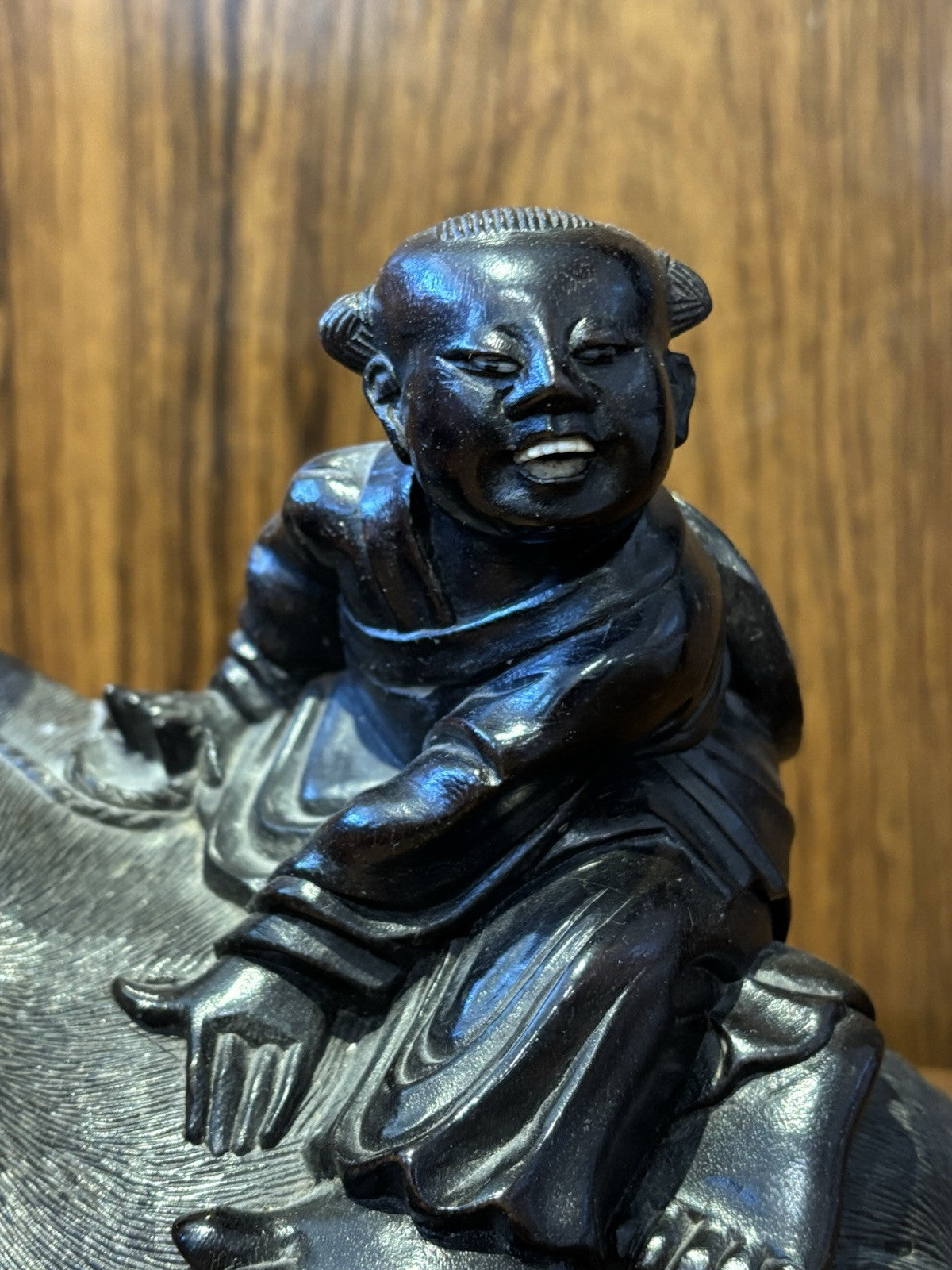 Antique Wooden Carved Figure Sitting On A Water Buffalo, Super Quality