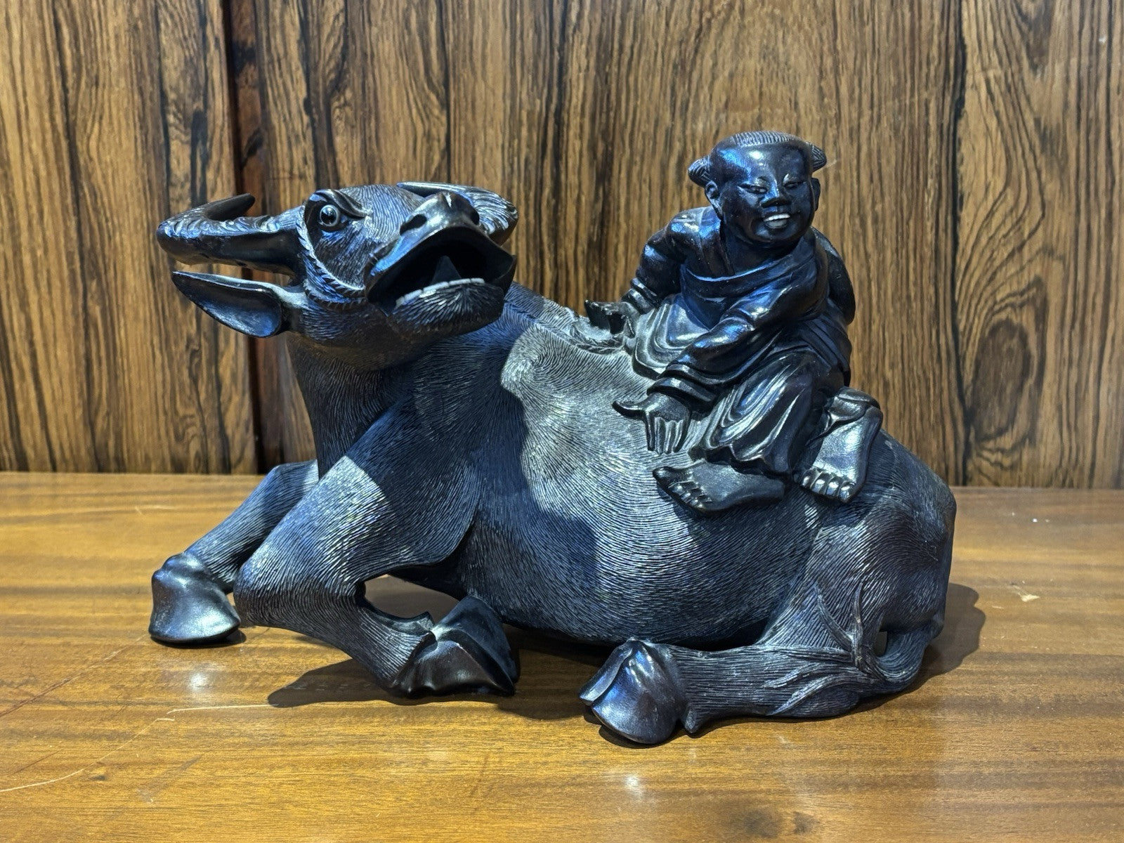 Antique Wooden Carved Figure Sitting On A Water Buffalo, Super Quality