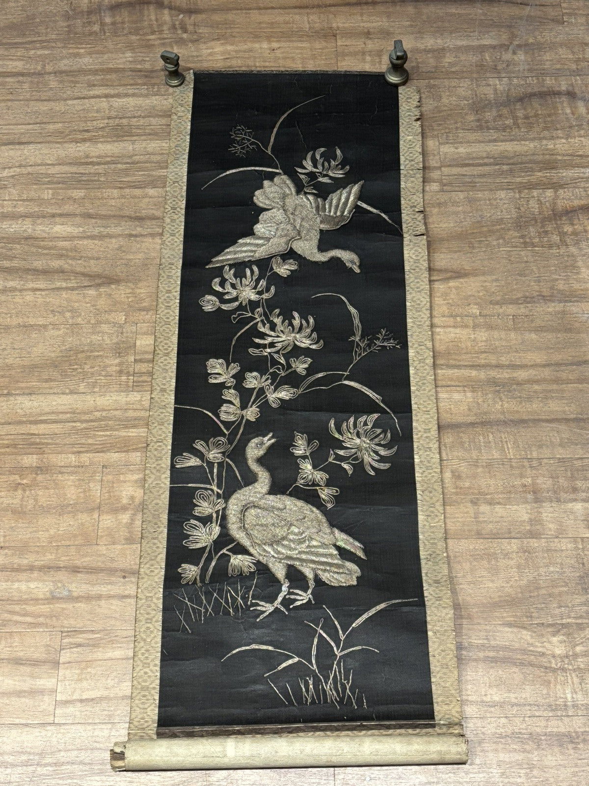 Antique Chinese Silver Thread Embroidery Hanging Panel. Large Size 99 X 35.5 Cms