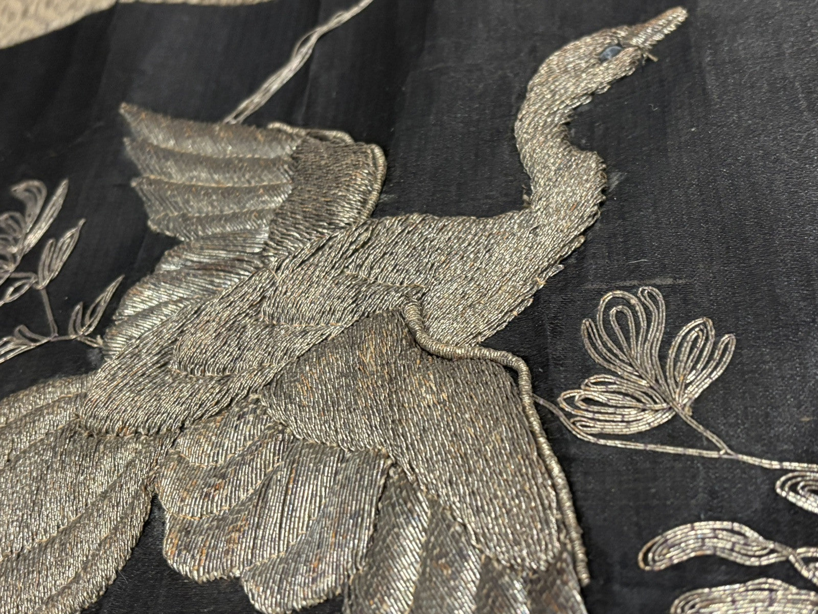 Antique Chinese Silver Thread Embroidery Hanging Panel. Large Size 99 X 35.5 Cms