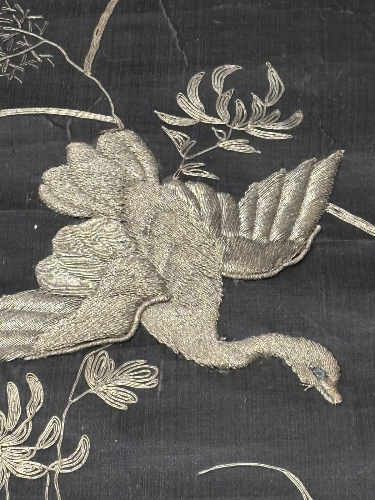 Antique Chinese Silver Thread Embroidery Hanging Panel. Large Size 99 X 35.5 Cms